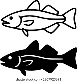 Minimalist cod fish icon in outline and silhouette design, for seafood theme