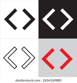 Minimalist code symbol vector set in four styles. Modern angle bracket design for tech, coding, or software branding. Perfect for developers, web icons, or digital media graphics.