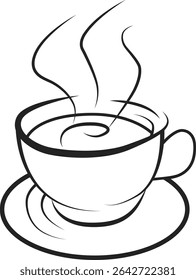Minimalist coffee artline illustration featuring a steaming coffee cup with elegant, clean lines. Perfect for cafés, menus, and coffee-related designs in modern black-and-white style