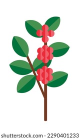 Minimalist coffee branch. Geometric design of this delicious little fruit. Vector illustration isolated on white background.