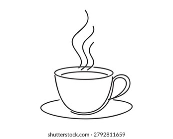 Minimalist coffee cup continuous one line drawing, black and white illustration of hot beverage with steam. concept of simple art, relaxation, coffee break, cafe vibe, isolated on white background.