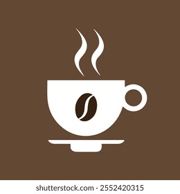 Minimalist coffee cup icon with steaming design and coffee bean detail on a brown background, perfect for cafe branding, menus, coffee shop decor, and digital artwork.