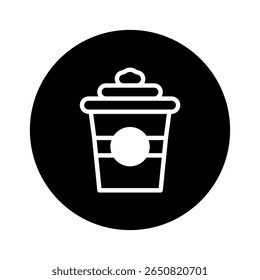 Minimalist coffee cup icon with whipped cream in a black circle design graphic for web design
