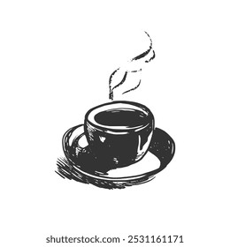 Minimalist Coffee Cup with Steam. Black and White Line Art. Elegant line art illustration features a steaming coffee cup and saucer in a minimalist black and white design.