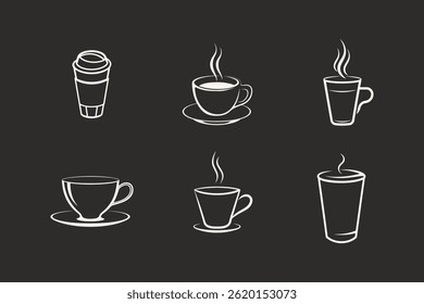 Minimalist coffee cups sketch illustration set of steaming hot beverages icons