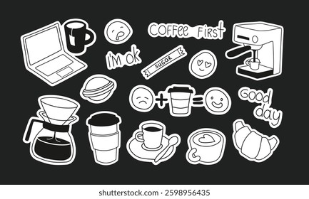 Minimalist coffee doodles and cafe stickers. Espresso machines, kettles, mugs, coffee beans, brewing tools. Vintage-style graphic icons. Brew shop elements.