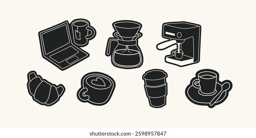 Minimalist coffee doodles and cafe stickers. Espresso machines, kettles, mugs, coffee beans, brewing tools. Vintage-style graphic icons. Brew shop elements.