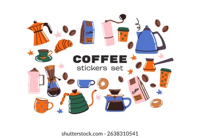 Minimalist coffee doodles and cafe stickers. Espresso machines, kettles, mugs, coffee beans, brewing tools. Vintage-style graphic icons. Brew shop elements.