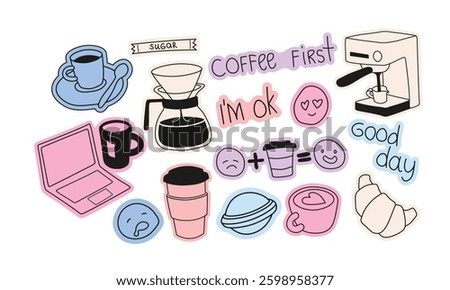 Minimalist coffee doodles and cafe stickers. Espresso machines, kettles, mugs, coffee beans, brewing tools. Vintage-style graphic icons. Brew shop elements.