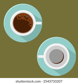 A minimalist coffee illustration showing one full cup and one empty cup, symbolizing contrast or energy levels. Perfect for projects related to coffee, energy, productivity, and morning routines.