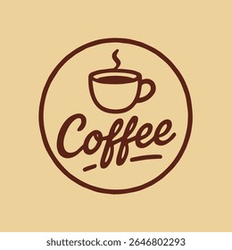 Minimalist coffee logo featuring a steaming brown cup inside a circle, with the word 'Coffee' in a stylish script font on a warm beige background. Perfect for cafes, brands, and digital use.
