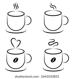Minimalist Coffee Mug Icon Set. Collection of black and white line art illustrations of hot beverage mugs with steam and coffee bean variations.