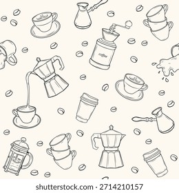 Patrón sin fisuras minimalista del café — tazas del arte de la línea, café turco, arte del latte