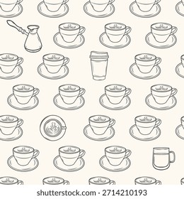 Minimalist Coffee Seamless Pattern — Line Art Cups, Turkish Coffee, Latte Art