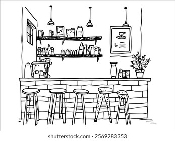 minimalist coffee shop counter with stools and wall shelves hand drawn doodle sketch