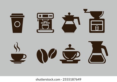 A minimalist coffee shop icon bundle featuring various coffee-related elements such as cups, coffee machines, beans, and brewing equipment. Perfect for cafe branding, menus, packaging, or web design.