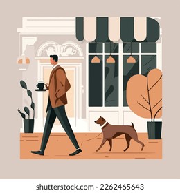 Minimalist coffee shop with a man walking beside and a dog nearby by so realistic flat style illustration