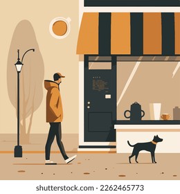 Minimalist coffee shop with a man walking beside and a dog nearby by so realistic flat style illustration