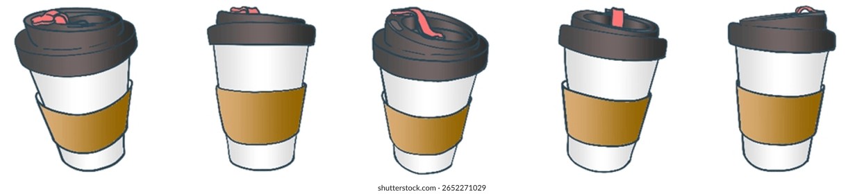 Minimalist Coffee Takeaway Cups with Brown Sleeve and Lid — Hand Drawn Illustration for Cafe Branding and Drink Design