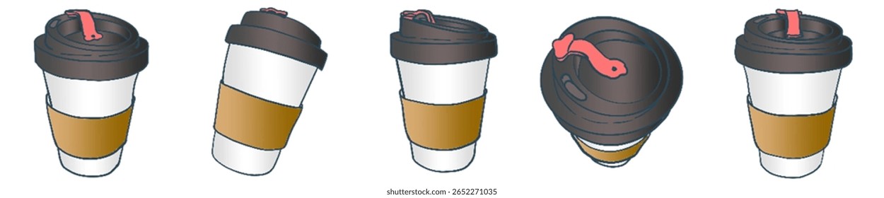Minimalist Coffee Takeaway Cups with Brown Sleeve and Lid — Hand Drawn Illustration for Cafe Branding and Drink Design