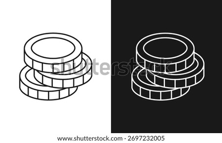 Minimalist Coin Stack Icon Illustration Featuring Three Textured Coins in Split Black and White Contrast, Financial Symbol Visual for Currency, Wealth, and Savings-Themed Content.