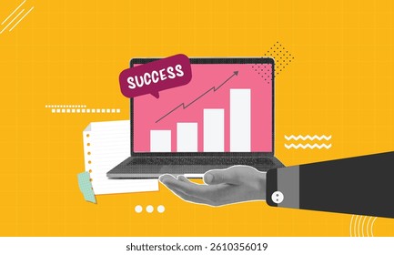 Minimalist collage with halftone hand, concept of Finance-themed banner with growing stock money 