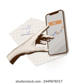 Minimalist collage with halftone hand pushing buy button on smartphone screen. Punk metaphor concept of Finance-themed banner with growing stock money. Cutouts magazines elements. Vector