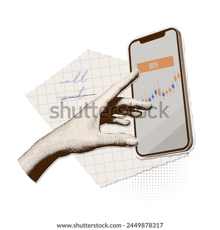 Minimalist collage with halftone hand pushing buy button on smartphone screen. Punk metaphor concept of Finance-themed banner with growing stock money. Cutouts magazines elements. Vector
