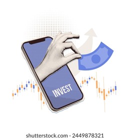 Minimalist collage with halftone-style hand investing money online. Stock trading metaphor composition. Finance-themed banner with money, phone and candlesticks graph. Cutouts magazines. Vector