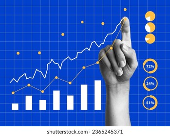 Minimalist collage with hands. Finance-themed banner. Digital finance business data graph showing technology of investment strategy for perceptive financial business decision svg