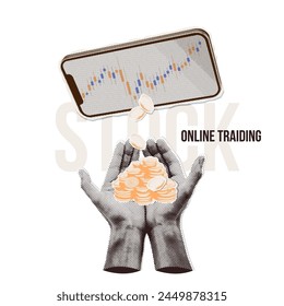 Minimalist collage with hands holding profit cash. Online trading banner. Digital finance business data graph showing technology of investment strategy for perceptive fintech decision. Vector