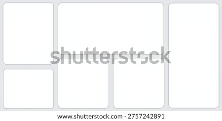 Minimalist collage template featuring six white rectangles with rounded corners arranged in geometric pattern. Clean layout for moodboards brand identity or photography portfolios. Professional mockup for digital storytelling and content organization.