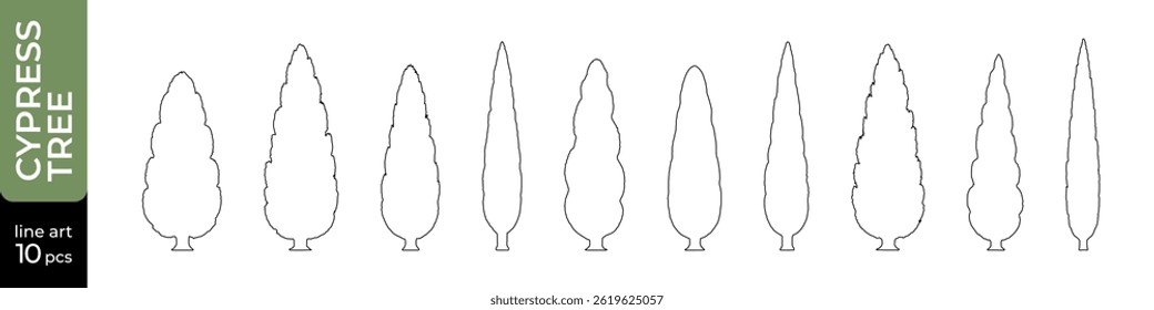 Minimalist collection of 10 cypress tree outlines in line art style, ideal for vector design, landscaping, and architectural sketches. Editable stroke