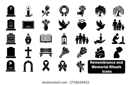 Minimalist collection of 20 flat design icons depicting funeral symbols, memorial rituals, and remembrance traditions. Ideal for educational materials, funeral services, cultural publications, and commemorative projects with a clean, professional aesthetic.