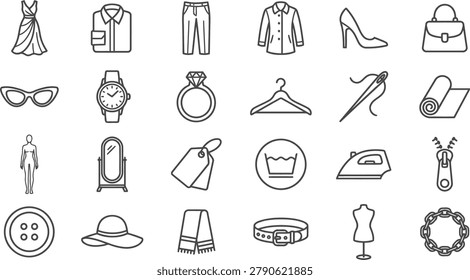 Minimalist collection of 24 vector icons featuring clothes, accessories, sewing tools, and fashion industry symbols for design and retail use.
