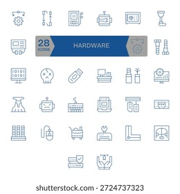 Uma coleção minimalista de 32 ícones de linha fina refletindo Hardware, criada para claridade em qualquer tamanho.