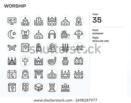 A minimalist collection of 35 Regular Line icons reflecting Worship, built for clarity at any size.
