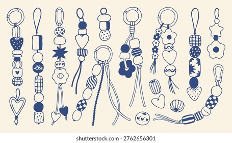 Minimalist collection of beaded keychains with mediterranean motifs. Hand drawn doodle elements featuring hearts and flowers in blue vector style