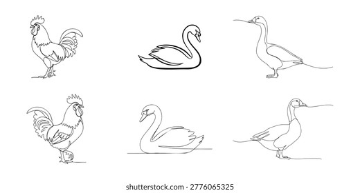 A minimalist collection of continuous line art illustrations featuring different bird species: a proud rooster, an elegant swan, and a sleek cormorant, each rendered with a single, unbroken line.