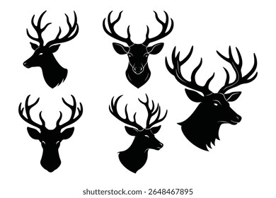 A minimalist collection of deer head and antler silhouettes, presented in a clean, simple style. Ideal for branding, nature themes, and graphic design elements.
