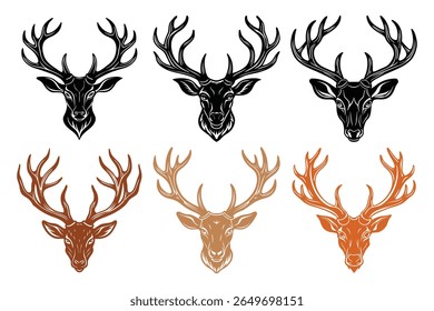 A minimalist collection of deer head and antler silhouettes, presented in a clean, simple style. Ideal for nature-themed designs, branding, and decorative elements.