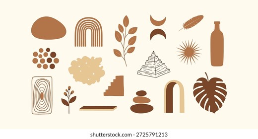 Minimalistische Kollektion mit Zen-Balancesteinen, organischen Bögen, Sonnenaufgängen und erdigen Blättern.