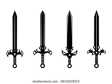 Minimalist collection of four medieval sword silhouettes featuring bold black fantasy weapon designs, isolated on a clean white background.