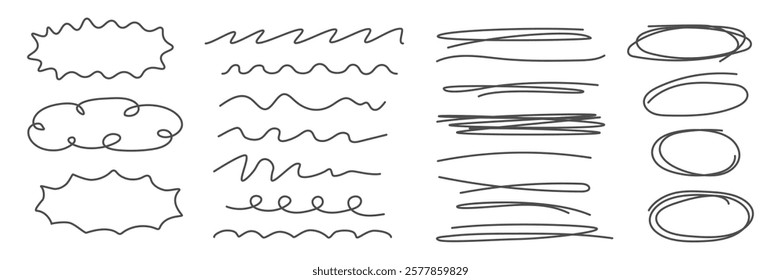 Minimalist collection of hand drawn shapes and lines. Doodle outlines, zigzag stroke, speech bubble frames. Underline emphasis elements for modern design, infographics, educational materials