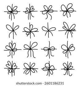 Minimalist collection of hand-drawn bows with unique loops and ribbon ties, vector illustration