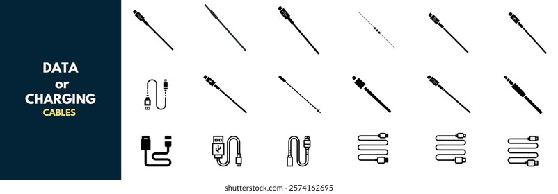 A minimalist collection of line icons featuring various data and charging cables including USB, lightning, aux, and power connectors. Clean black and white design ideal for tech interfaces, websites. 