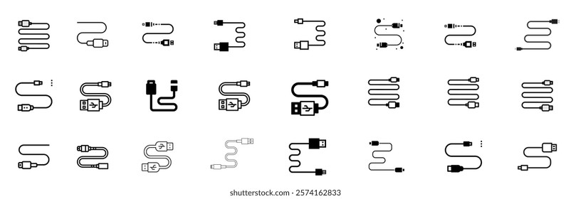 A minimalist collection of line icons featuring various data and charging cables including USB, lightning, aux, and power connectors. Clean black and white design ideal for tech interfaces, websites. 