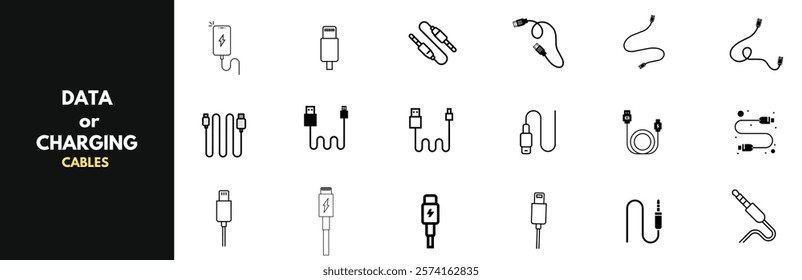 A minimalist collection of line icons featuring various data and charging cables including USB, lightning, aux, and power connectors. Clean black and white design ideal for tech interfaces, websites. 