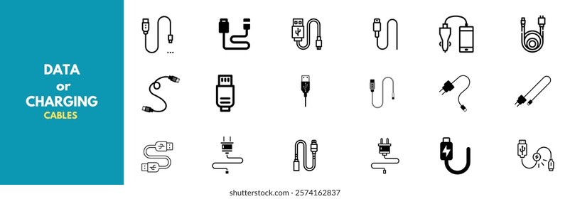 A minimalist collection of line icons featuring various data and charging cables including USB, lightning, aux, and power connectors. Clean black and white design ideal for tech interfaces, websites. 