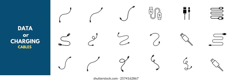 A minimalist collection of line icons featuring various data and charging cables including USB, lightning, aux, and power connectors. Clean black and white design ideal for tech interfaces, websites. 